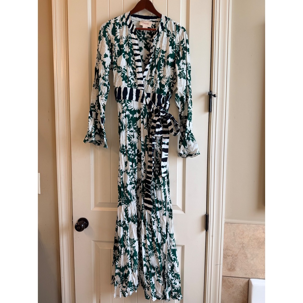 Figue Calliope Wrap Dress Green White Floral Striped V-Neck Bell Cuff Maxi - Picture 3 of 11
